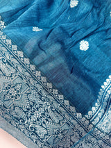 Peacock Blue Linen Silk saree in linen silk with silver zari buttis with grand border — Kaash Collection