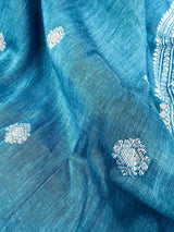 Peacock Blue Linen Silk saree in linen silk with silver zari buttis with grand border — Kaash Collection