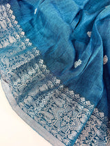 Peacock Blue Linen Silk saree in linen silk with silver zari buttis with grand border — Kaash Collection
