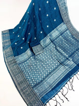 Peacock Blue Linen Silk saree in linen silk with silver zari buttis with grand border — Kaash Collection