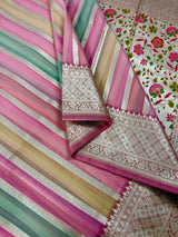 Muave Pink with Multi-Color Stripes Banarasi saree in banarasi organza silk (kora) with paithani pallu with banarasi floral jaal border — Kaash Collection