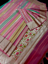 Muave Pink with Multi-Color Stripes Banarasi saree in banarasi organza silk (kora) with paithani pallu with banarasi floral jaal border — Kaash Collection