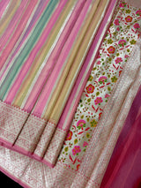 Muave Pink with Multi-Color Stripes Banarasi saree in banarasi organza silk (kora) with paithani pallu with banarasi floral jaal border — Kaash Collection
