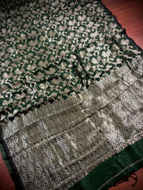 Bottle Green Linen Jamdani saree in jamdani linen with muted gold zari jamdani weave — Kaash Collection