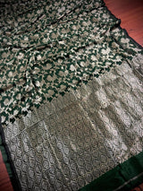 Bottle Green Linen Jamdani saree in jamdani linen with muted gold zari jamdani weave — Kaash Collection