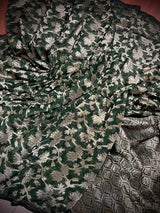 Bottle Green Linen Jamdani saree in jamdani linen with muted gold zari jamdani weave — Kaash Collection