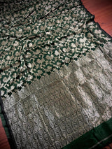 Handmade Bottle Green Color Linen Jamdani Saree with Muted Gold Zari Weave - No Blouse - Kaash