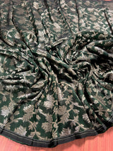 Handmade Bottle Green Color Linen Jamdani Saree with Muted Gold Zari Weave - No Blouse - Kaash