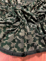 Handmade Bottle Green Color Linen Jamdani Saree with Muted Gold Zari Weave - No Blouse - Kaash