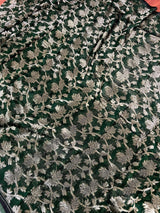 Handmade Bottle Green Color Linen Jamdani Saree with Muted Gold Zari Weave - No Blouse - Kaash