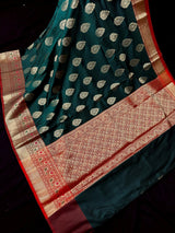 Bottle Green with Red Pallu Banarasi saree in banarasi soft silk with weaved buttas with red pallu & maroon borders — Kaash Collection