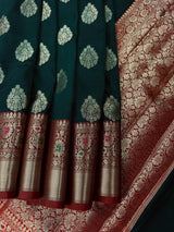 Bottle Green with Red Pallu Banarasi saree in banarasi soft silk with weaved buttas with red pallu & maroon borders — Kaash Collection