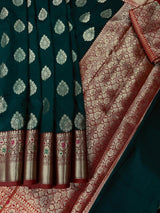 Bottle Green with Red Pallu Banarasi saree in banarasi soft silk with weaved buttas with red pallu & maroon borders — Kaash Collection