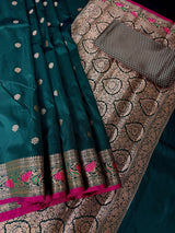 Handmade Bottle Green Color Soft Banarasi Silk Saree - Kaash