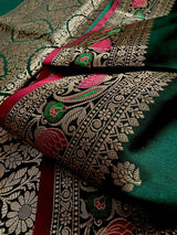Handmade Bottle Green Color Soft Banarasi Silk Saree - Kaash
