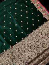 Handmade Bottle Green Color Soft Banarasi Silk Saree - Kaash