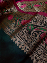 Handmade Bottle Green Color Soft Banarasi Silk Saree - Kaash