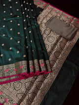 Handmade Bottle Green Color Soft Banarasi Silk Saree - Kaash