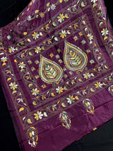 Handmade Burgundy Color Bangalori Silk Saree with Hand Kantha Stitch - Handwoven Kantha Stitch Sarees - Kantha Sarees - Kaash