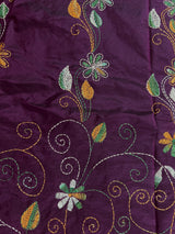 Handmade Burgundy Color Bangalori Silk Saree with Hand Kantha Stitch - Handwoven Kantha Stitch Sarees - Kantha Sarees - Kaash