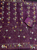 Handmade Burgundy Color Bangalori Silk Saree with Hand Kantha Stitch - Handwoven Kantha Stitch Sarees - Kantha Sarees - Kaash