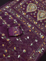 Handmade Burgundy Color Bangalori Silk Saree with Hand Kantha Stitch - Handwoven Kantha Stitch Sarees - Kantha Sarees - Kaash