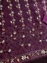 Handmade Burgundy Color Bangalori Silk Saree with Hand Kantha Stitch - Handwoven Kantha Stitch Sarees - Kantha Sarees - Kaash