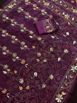 Handmade Burgundy Color Bangalori Silk Saree with Hand Kantha Stitch - Handwoven Kantha Stitch Sarees - Kantha Sarees - Kaash