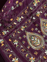 Handmade Burgundy Color Bangalori Silk Saree with Hand Kantha Stitch - Handwoven Kantha Stitch Sarees - Kantha Sarees - Kaash