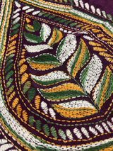 Handmade Burgundy Color Bangalori Silk Saree with Hand Kantha Stitch - Handwoven Kantha Stitch Sarees - Kantha Sarees - Kaash