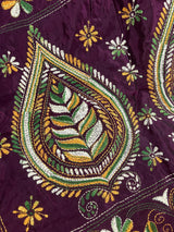 Handmade Burgundy Color Bangalori Silk Saree with Hand Kantha Stitch - Handwoven Kantha Stitch Sarees - Kantha Sarees - Kaash