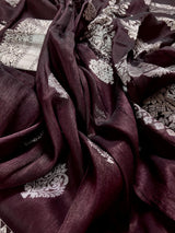 Chocolate Brown Linen Cotton Silk saree in linen blend cotton silk with silver zari weave on linen cotton silk — Kaash Collection