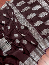 Chocolate Brown Linen Cotton Silk saree in linen blend cotton silk with silver zari weave on linen cotton silk — Kaash Collection
