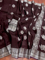 Handmade Chocolate Brown Color Saree in Linen Silk with Sliver Zari Weave - Kaash