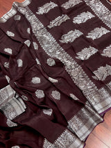 Handmade Chocolate Brown Color Saree in Linen Silk with Sliver Zari Weave - Kaash