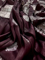 Handmade Chocolate Brown Color Saree in Linen Silk with Sliver Zari Weave - Kaash