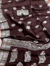 Handmade Chocolate Brown Color Saree in Linen Silk with Sliver Zari Weave - Kaash
