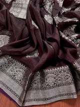 Handmade Chocolate Brown Color Saree in Linen Silk with Sliver Zari Weave - Kaash