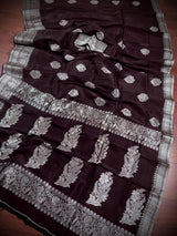 Handmade Chocolate Brown Color Saree in Linen Silk with Sliver Zari Weave - Kaash