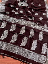Handmade Chocolate Brown Color Saree in Linen Silk with Sliver Zari Weave - Kaash