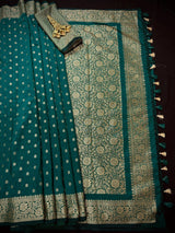 Dark Teal Green Banarasi saree in soft silk with muted gold resham zari weave — Kaash Collection