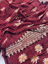 Deep Maroon Banarasi saree in bengal linen with muted gold zari with meenakari floral — Kaash Collection