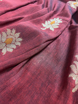 Deep Maroon Banarasi saree in bengal linen with muted gold zari with meenakari floral — Kaash Collection