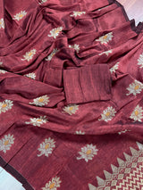 Deep Maroon Banarasi saree in bengal linen with muted gold zari with meenakari floral — Kaash Collection