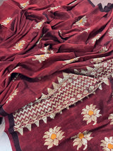 Handmade Deep Maroon Color Saree in Bengal Linen with Muted Gold Zari and Meenakari - Kaash