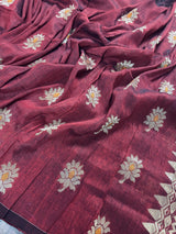 Handmade Deep Maroon Color Saree in Bengal Linen with Muted Gold Zari and Meenakari - Kaash