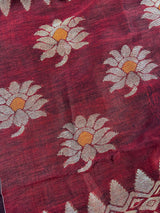 Handmade Deep Maroon Color Saree in Bengal Linen with Muted Gold Zari and Meenakari - Kaash