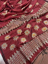 Handmade Deep Maroon Color Saree in Bengal Linen with Muted Gold Zari and Meenakari - Kaash