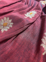 Handmade Deep Maroon Color Saree in Bengal Linen with Muted Gold Zari and Meenakari - Kaash