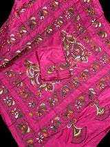 Deep Pink hand Kantha stitch saree on Bangalori silk — Kaash Collection